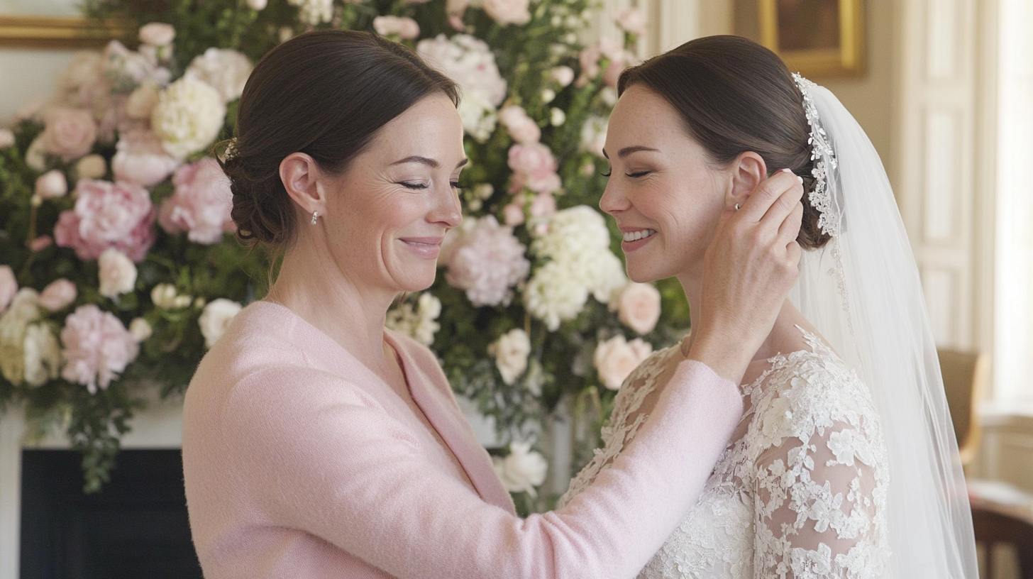 Wedding Planner Close-up wedding plannerka z uśmiechem poprawia kolczyk panny młodej w koronkowej sukni i welonie, na tle bogatej dekoracji kwiatowej