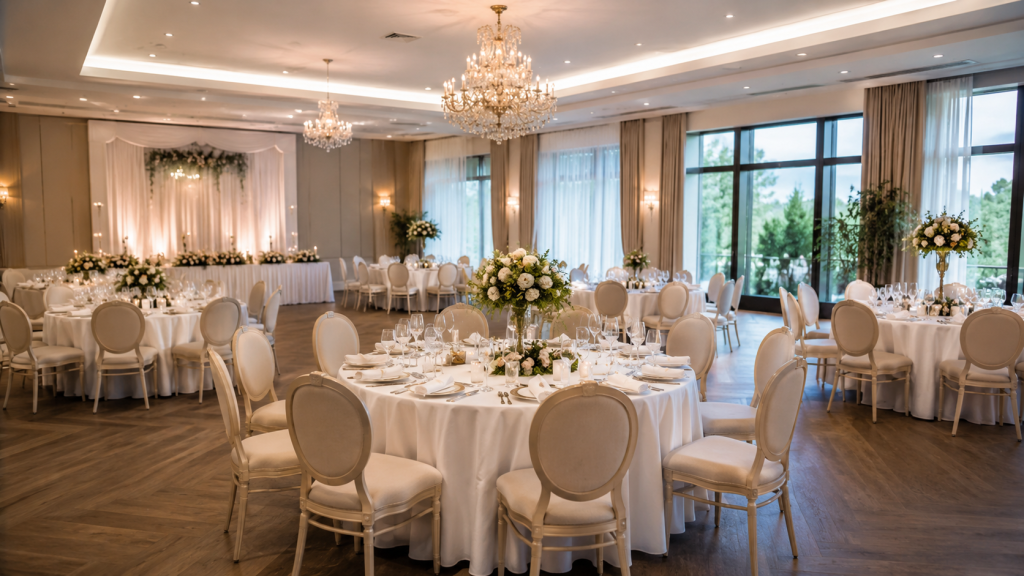 Na obrazie przedstawiono elegancką salę weselną przygotowaną do przyjęcia gości