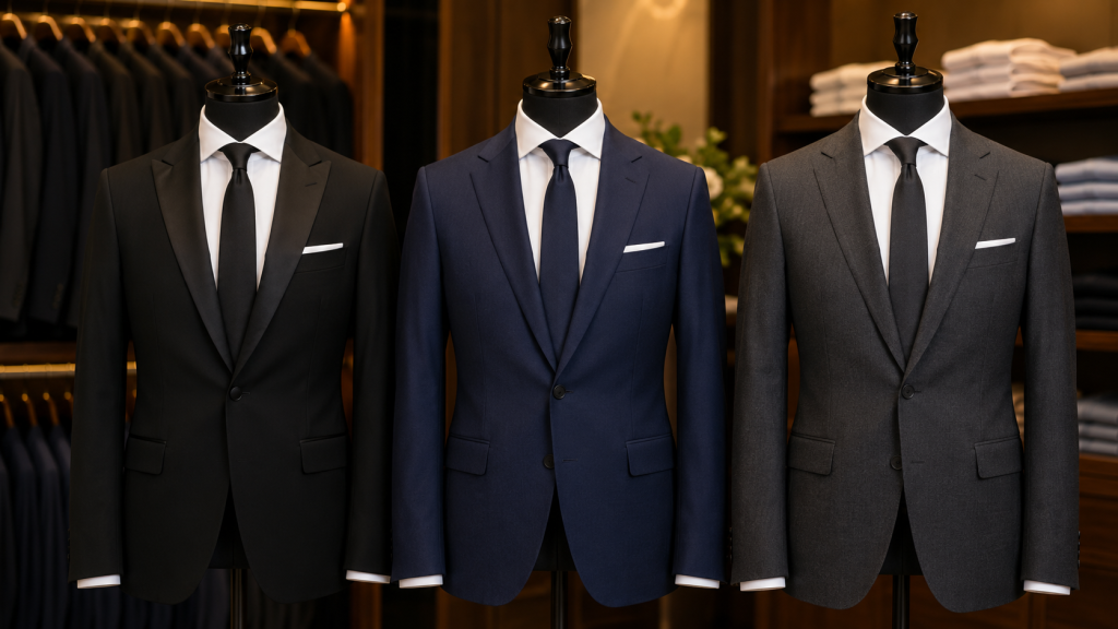 Na obrazie przedstawiono elegancką ekspozycję męskich garniturów w ekskluzywnym salonie odzieżowym