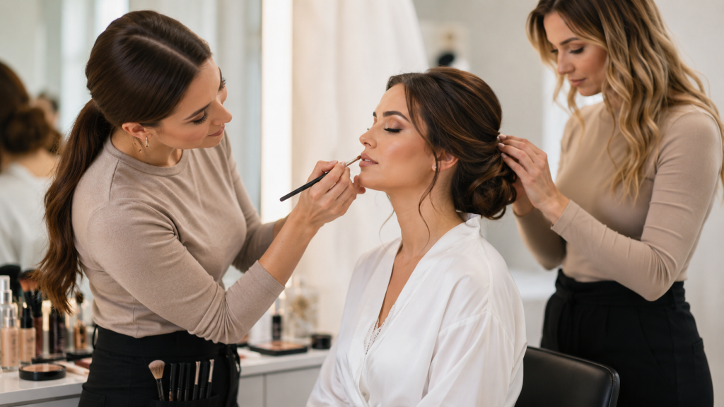 Na obrazie przedstawiono moment próbnej stylizacji ślubnej w profesjonalnym salonie beauty