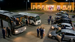Obraz przedstawia logistykę transportową przed salą weselną, ujętą z lotu ptaka (z podwyższonej perspektywy) w porze nocnej