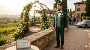Obraz przedstawia nowoczesną i elegancką stylizację ślubną dla Pana Młodego