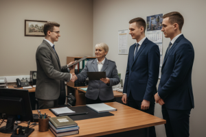 Obraz przedstawia realistyczną scenę w biurze