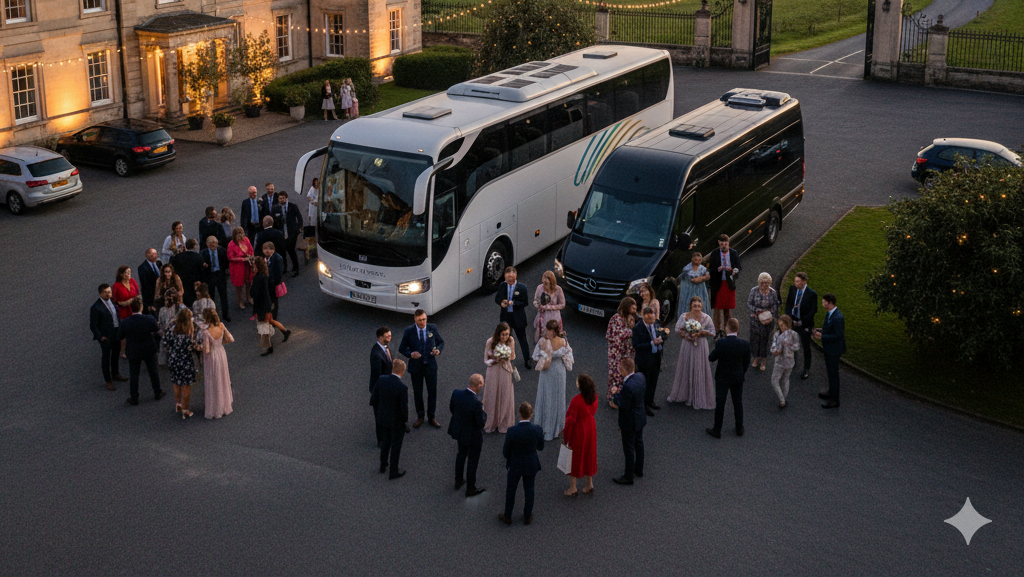 Obraz przedstawia wieczorną scenę przed elegancką posiadłością, prawdopodobnie salą weselną, oświetloną delikatnym światłem