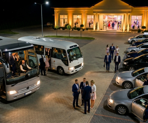 Obraz przedstawia logistykę transportową przed salą weselną, ujętą z lotu ptaka (z podwyższonej perspektywy) w porze nocnej