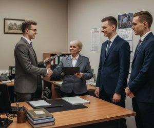 Obraz przedstawia realistyczną scenę w biurze