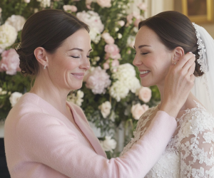 wedding plannerka z uśmiechem poprawia kolczyk panny młodej w koronkowej sukni i welonie, na tle bogatej dekoracji kwiatowej